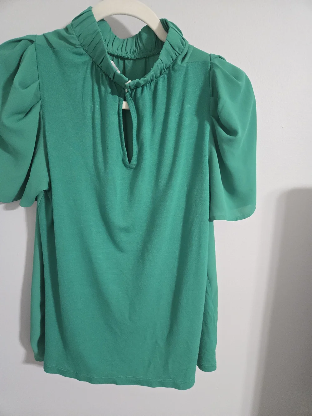 LOFT Emerald Green Puff-Sleeve Mock Neck Blouse